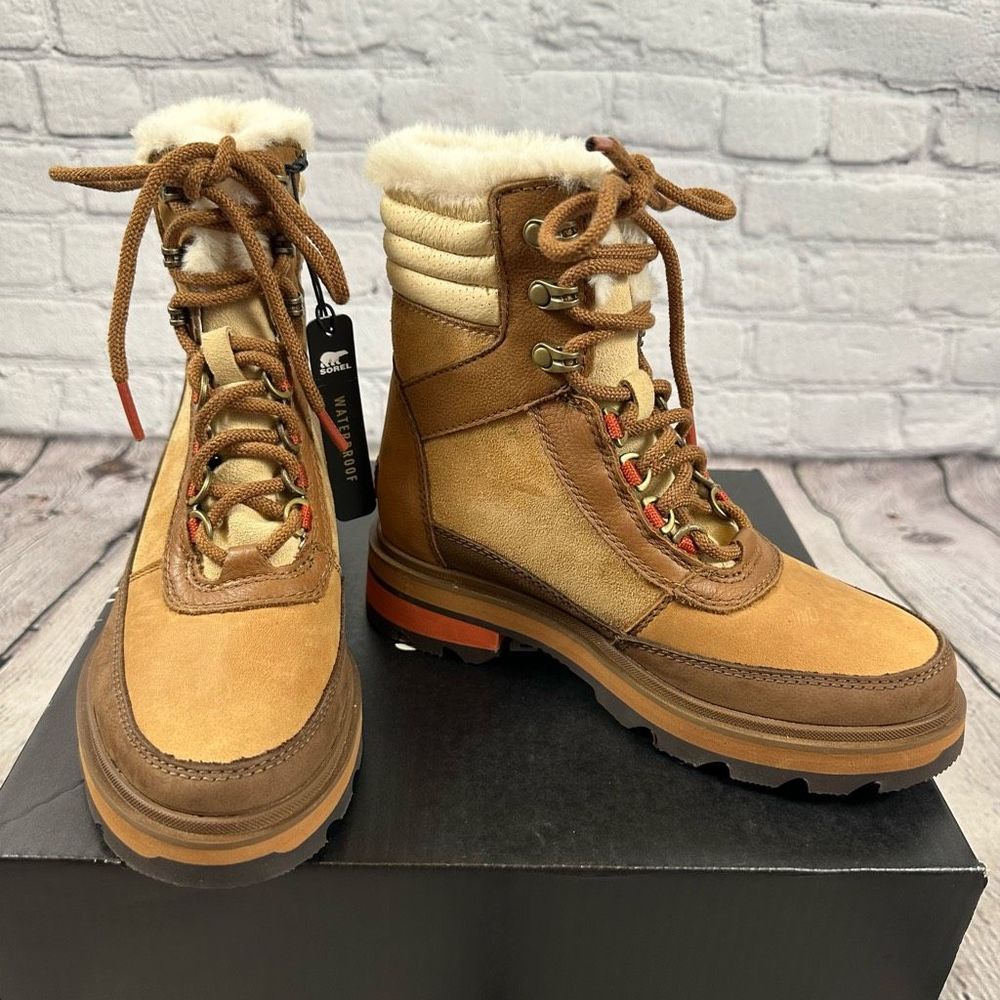 Sorel Women’s Lennox Lace Up Cozy Stacked Boot Waterproof Faux Fur Tan & Red NEW - Picture 2 of 8